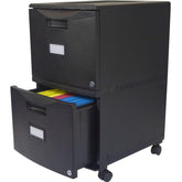 A sleek black filing cabinet with two drawers, ideal for storing files and paperwork in an office setting.